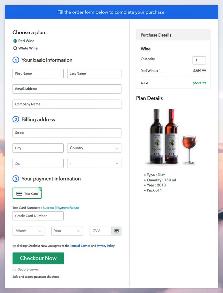 Multiplan Checkout Page to Sell Wine Online