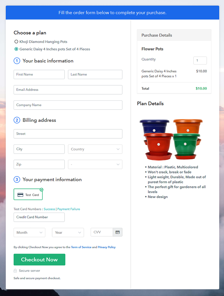 Multiplan Checkout Page to Sell Flower Pots Online