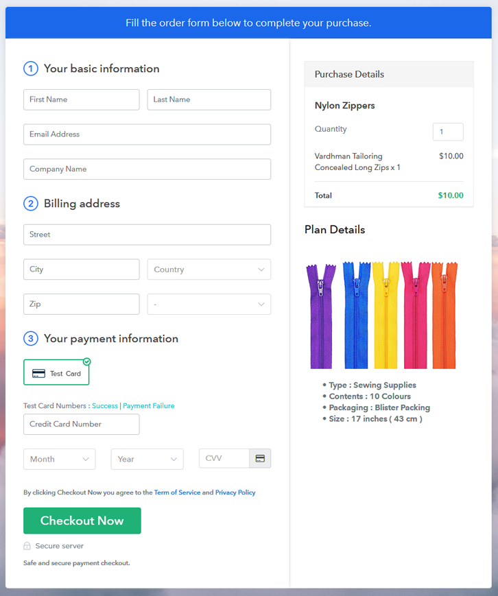 Final View of Checkout Page for your Nylon Zippers Selling Business