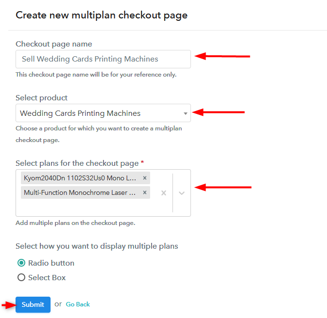 Create Multiplan Checkout Page