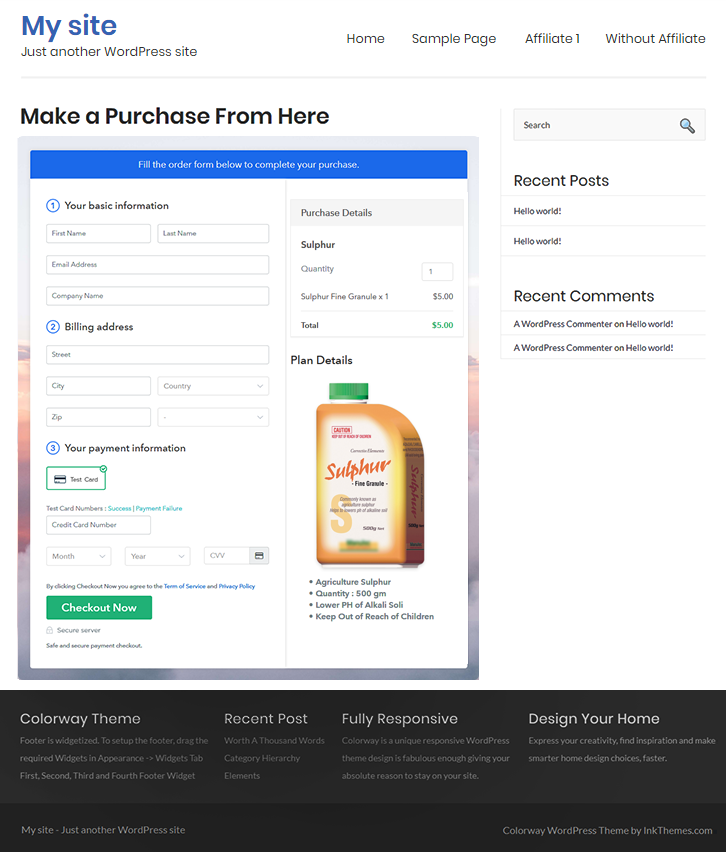 Checkout Page On WordPress Site to Sell Sulphur Online