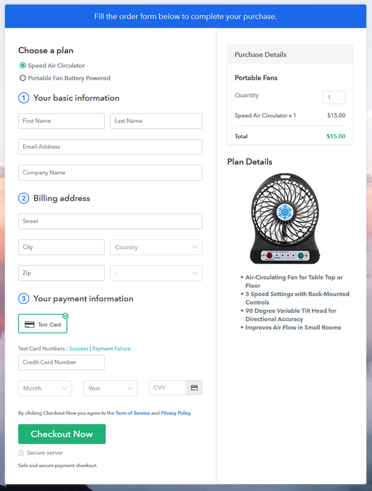 Multiplan Checkout Page to Sell Portable Fans Online