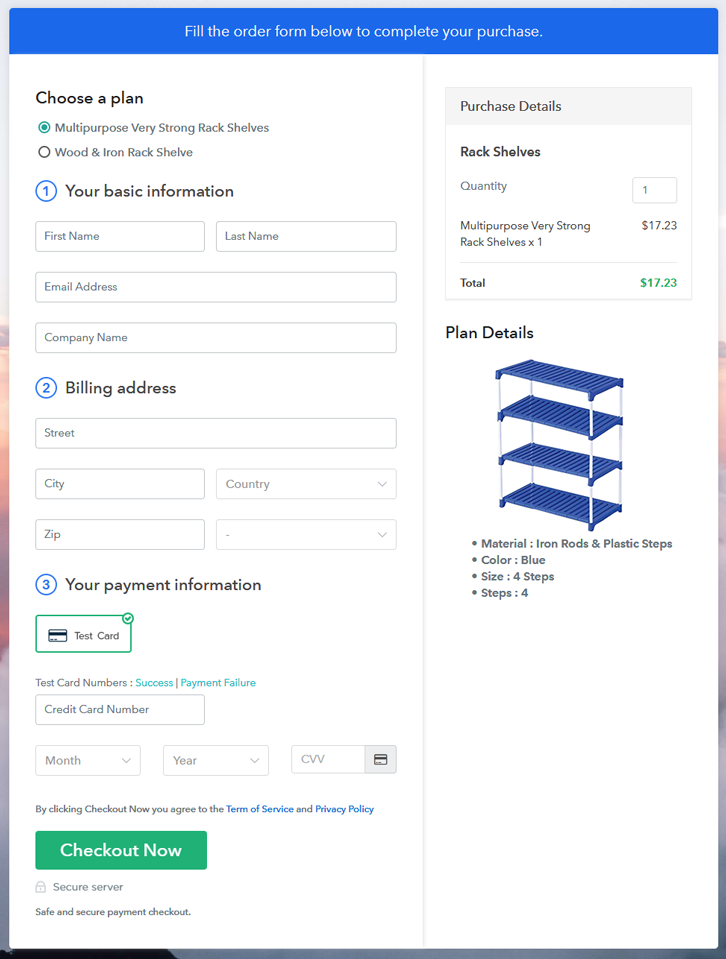 Multiplan Checkout Page to Sell Rack Shelves Online