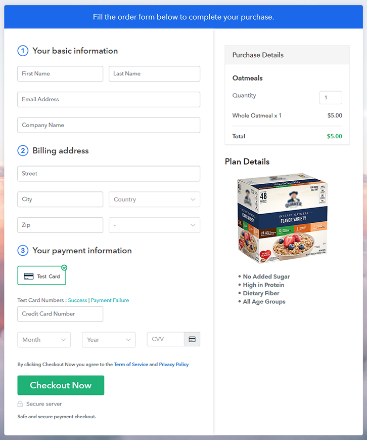 Checkout Page to Sell Oatmeals Online